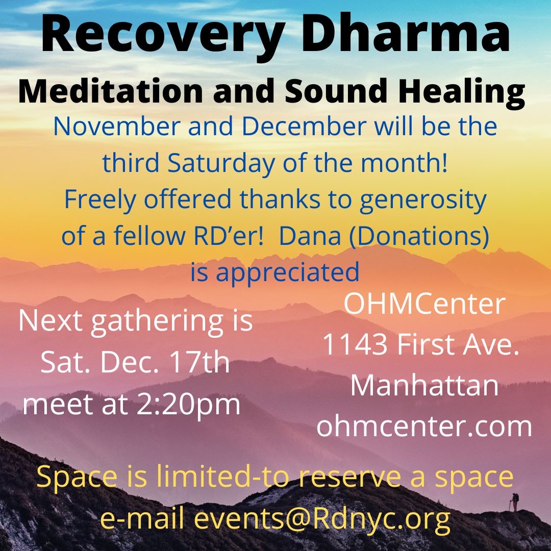 RDNYC Meditation and Sound Healing, 3rd Saturday Dec 17th Recovery