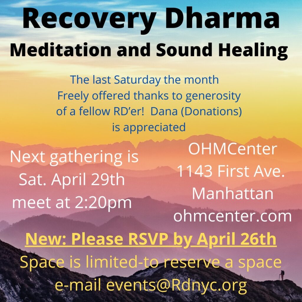RDNYC Meditation and Sound Healing, last Saturday Apr 29th
